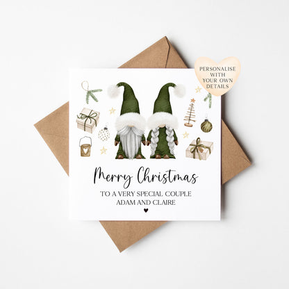 Couples Christmas Card, Green Gonks winter friends personalised card with envelope