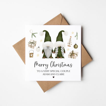 Couples Christmas Card, Green Gonks winter friends personalised card with envelope