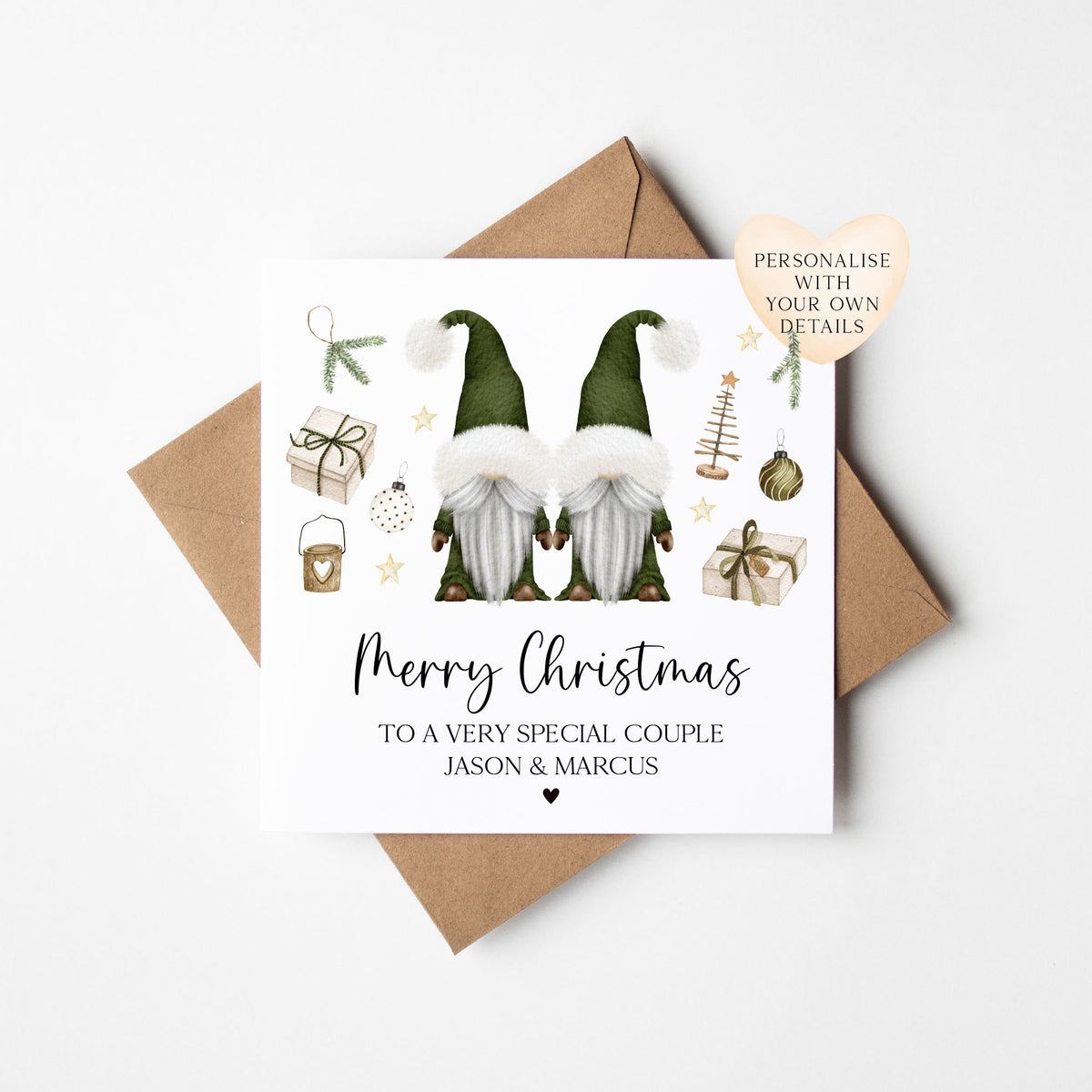 Couples Christmas Card, Green Gonks winter friends personalised card with envelope