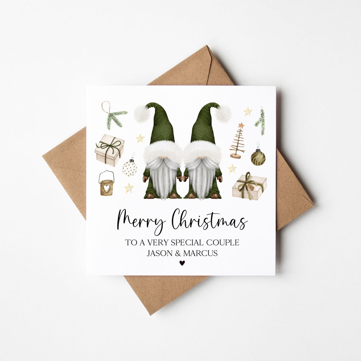 Couples Christmas Card, Green Gonks winter friends personalised card with envelope