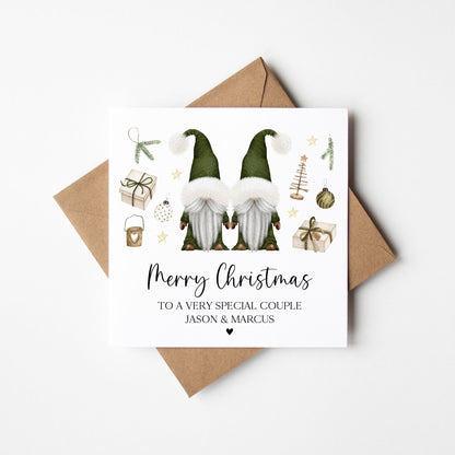 Couples Christmas Card, Green Gonks winter friends personalised card with envelope