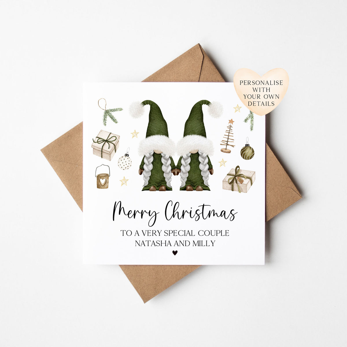 Couples Christmas Card, Green Gonks winter friends personalised card with envelope