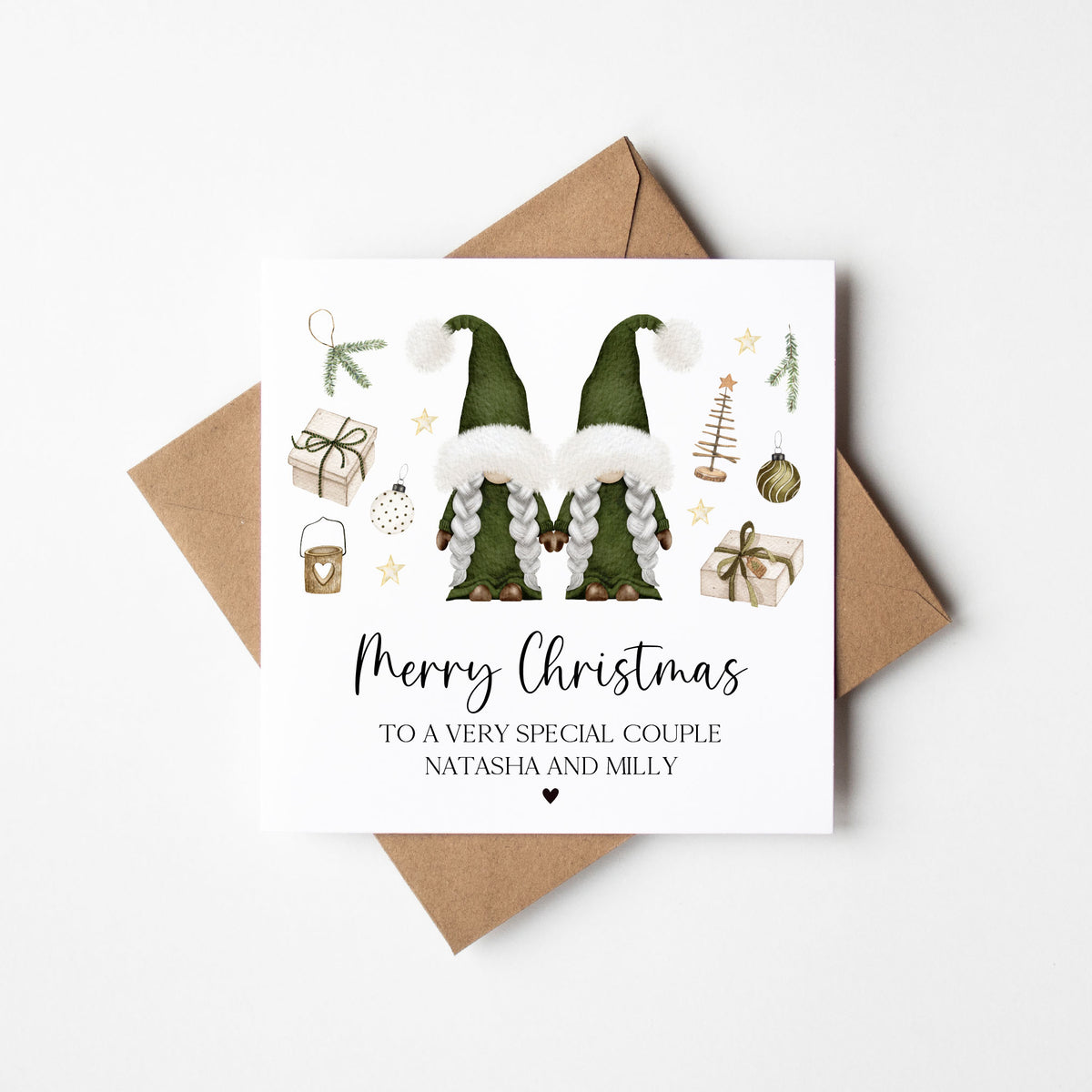 Couples Christmas Card, Green Gonks winter friends personalised card with envelope