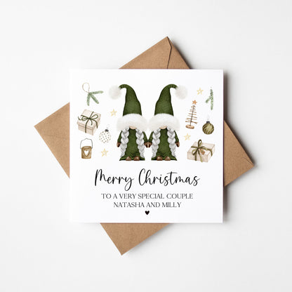 Couples Christmas Card, Green Gonks winter friends personalised card with envelope