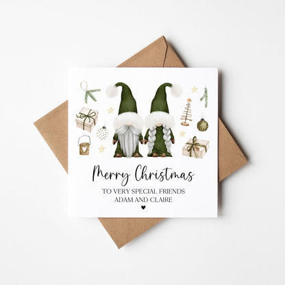 Couples Christmas Card, Green Gonks winter friends personalised card with envelope