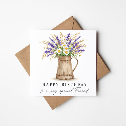 Birthday Card, to a special friend Purple lavender & daisies bouquet flower card with envelope
