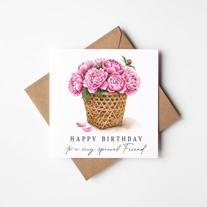 Birthday Card, to a special friend pink basket of peonies bouquet flower card with envelope