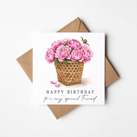 Birthday Card, to a special friend pink basket of peonies bouquet flower card with envelope