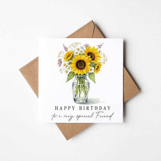 Birthday Card, to a special friend Sunflower & daisies bouquet flower card with envelope