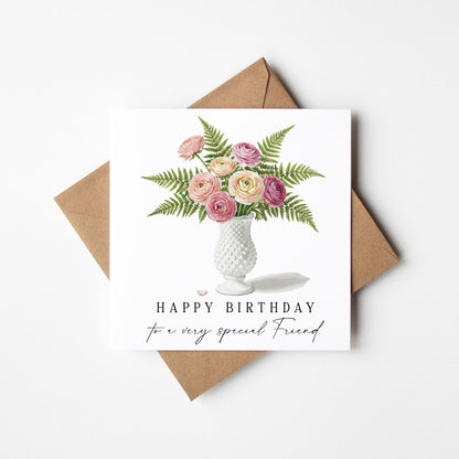 Birthday Card, to a special friend pink beige roses & fern bouquet flower card with envelope