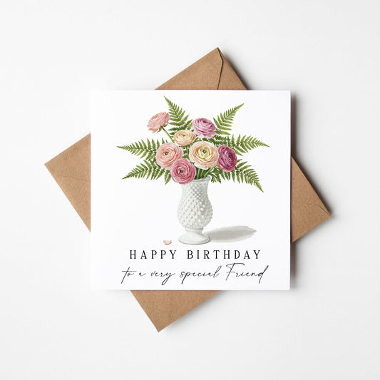 Birthday Card, to a special friend pink beige roses & fern bouquet flower card with envelope