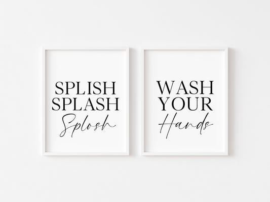 Set of 2 bathroom prints, splish splash splosh, wash your hands set of bathroom unframed wall art poster prints, set of bathroom wall art