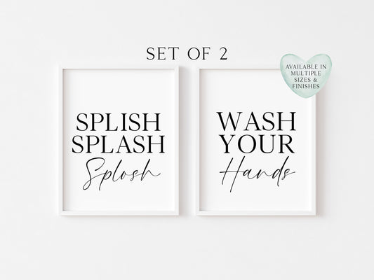 Set of 2 bathroom prints, splish splash splosh, wash your hands set of bathroom unframed wall art poster prints, set of bathroom wall art