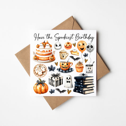Halloween Birthday Card spooky orange & black seasonal treats Halloween Theme with envelope