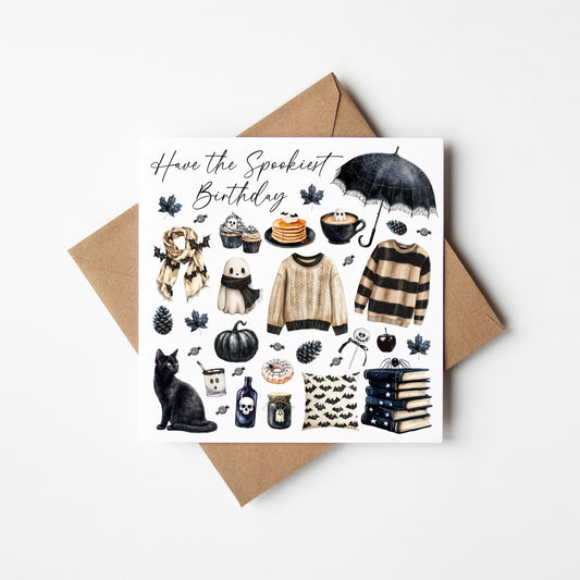 Halloween Birthday Card spooky Black & Beige ghost seasonal treats Halloween Theme with envelope