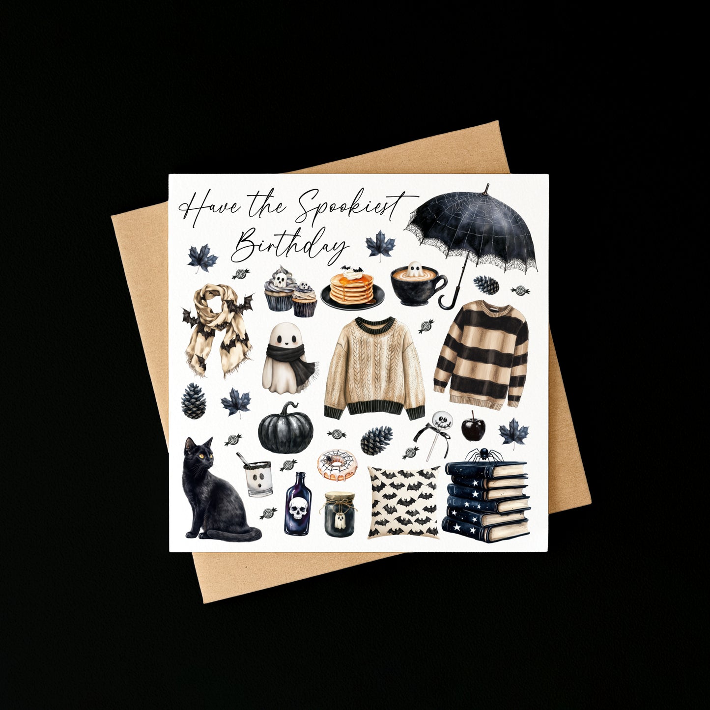 Halloween Birthday Card spooky Black & Beige ghost seasonal treats Halloween Theme with envelope