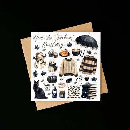 Halloween Birthday Card spooky Black & Beige ghost seasonal treats Halloween Theme with envelope