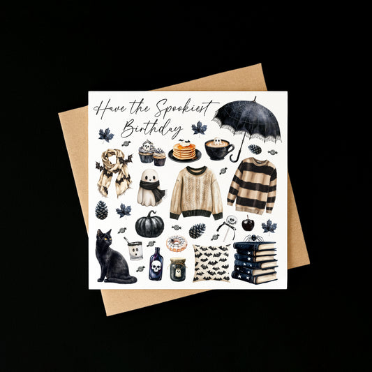 Halloween Birthday Card spooky Black & Beige ghost seasonal treats Halloween Theme with envelope