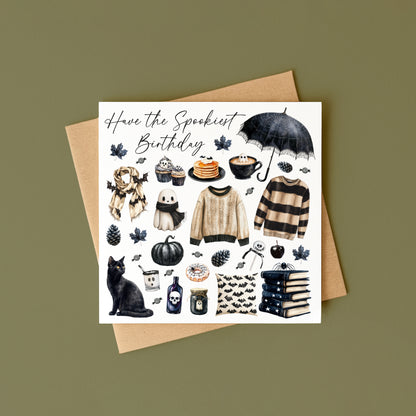 Halloween Birthday Card spooky Black & Beige ghost seasonal treats Halloween Theme with envelope