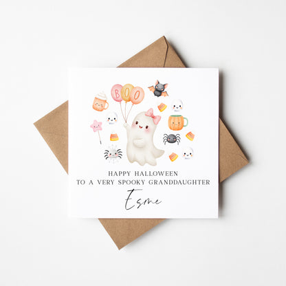 Kids Halloween card, to a very spooky child & name seasonal greetings card with envelope