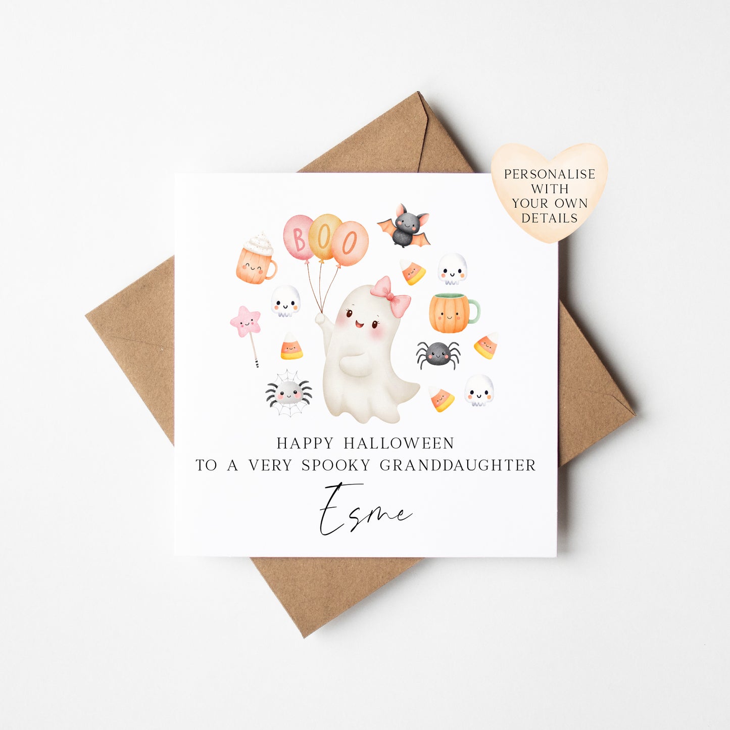 Kids Halloween card, to a very spooky child & name seasonal greetings card with envelope