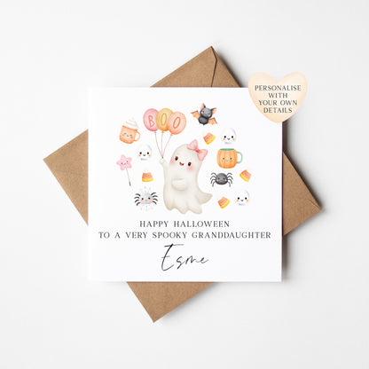 Kids Halloween card, to a very spooky child & name seasonal greetings card with envelope