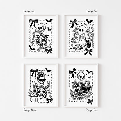 Halloween prints, spooky monochrome black & white ghost skeleton coffee book reading seasonal halloween unframed wall art poster prints