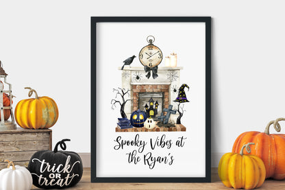 Halloween at the, spooky vibes at the personalised family halloween fireplace seasonal unframed wall art poster print