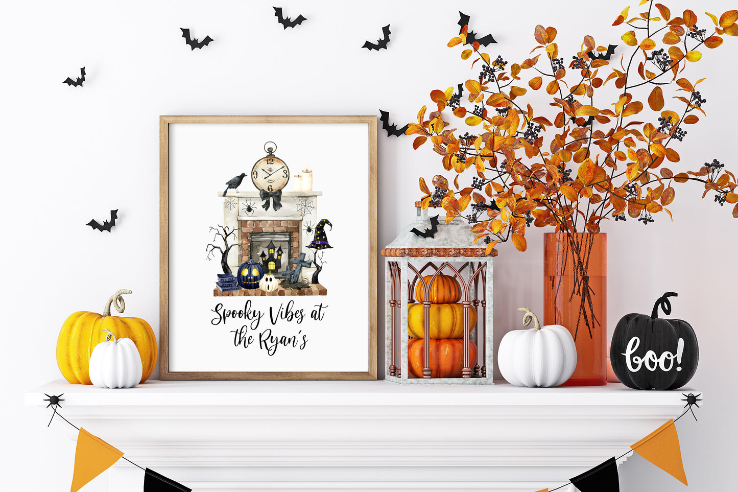 Halloween at the, spooky vibes at the personalised family halloween fireplace seasonal unframed wall art poster print