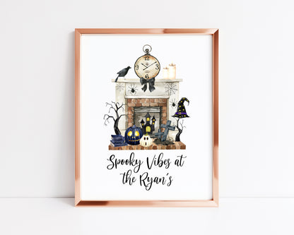 Halloween at the, spooky vibes at the personalised family halloween fireplace seasonal unframed wall art poster print