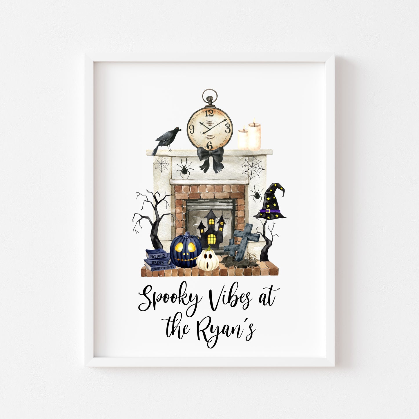 Halloween at the, spooky vibes at the personalised family halloween fireplace seasonal unframed wall art poster print