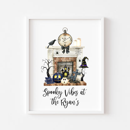 Halloween at the, spooky vibes at the personalised family halloween fireplace seasonal unframed wall art poster print