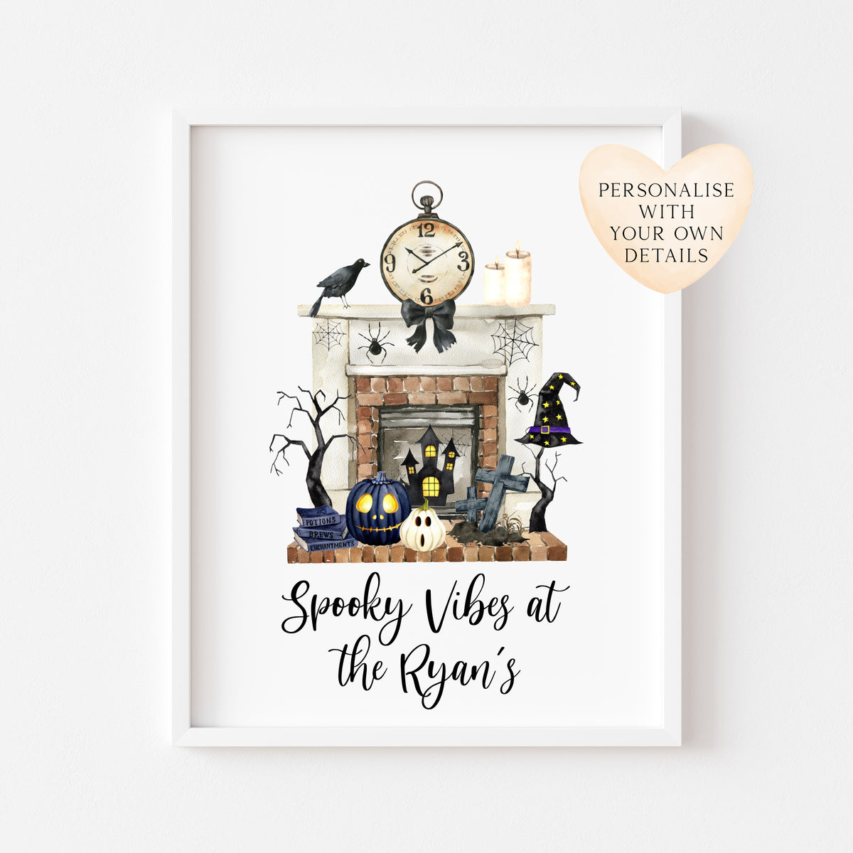 Halloween at the, spooky vibes at the personalised family halloween fireplace seasonal unframed wall art poster print