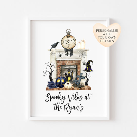 Halloween at the, spooky vibes at the personalised family halloween fireplace seasonal unframed wall art poster print