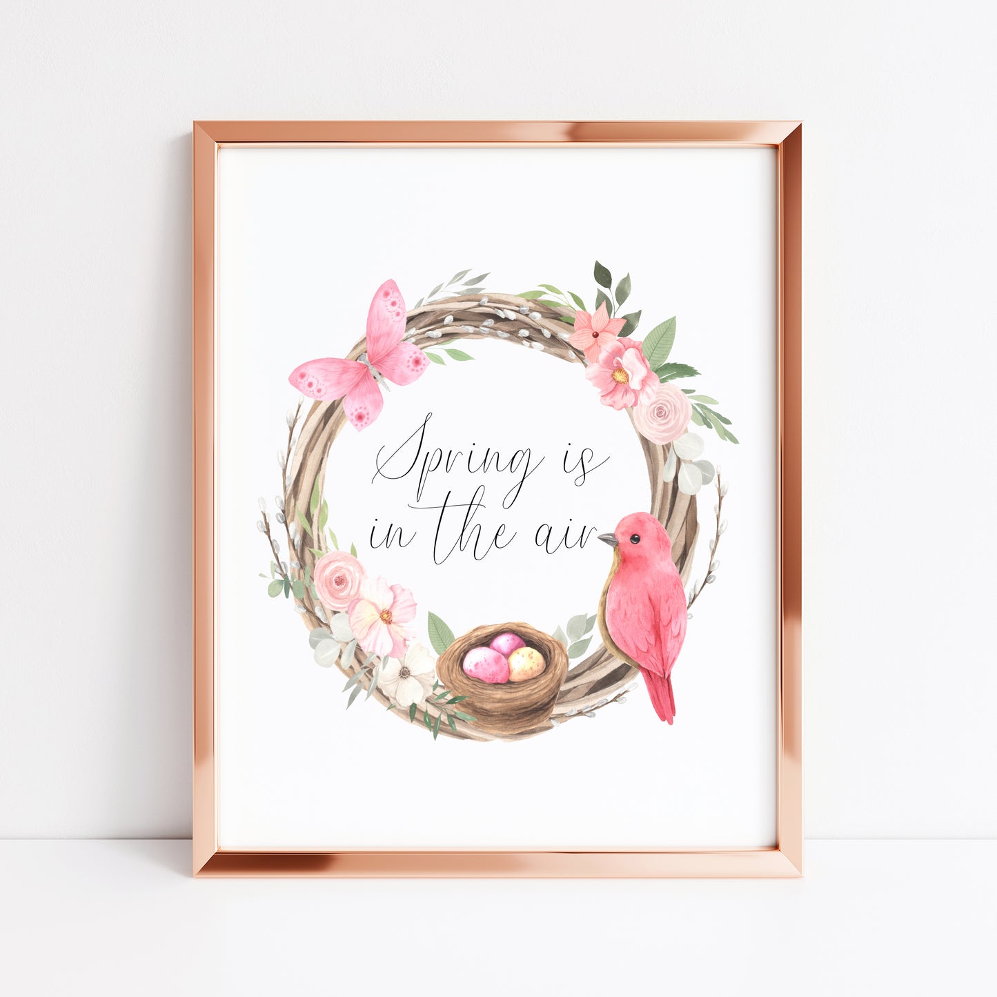 Spring is in the air, spring easter pink wreath flowers, birds & butterflies seasonal home bedroom unframed wall art poster print