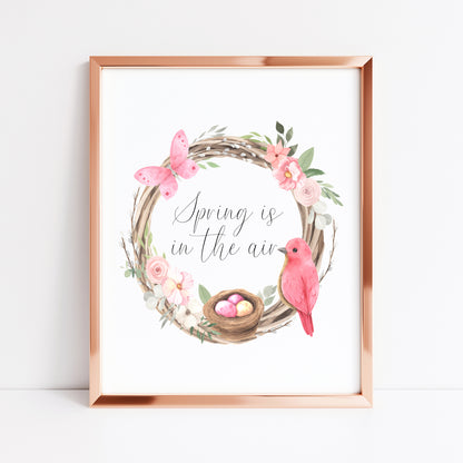 Spring is in the air, spring easter pink wreath flowers, birds & butterflies seasonal home bedroom unframed wall art poster print