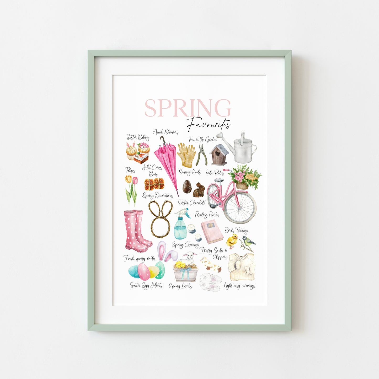 Spring Easter favourites green, pink, purple watercolour seasonal home bedroom unframed wall art poster print