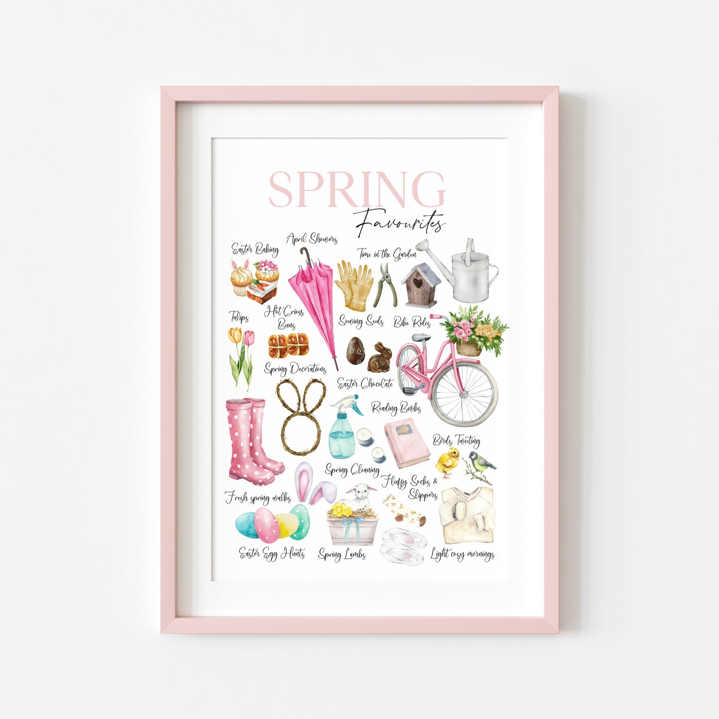 Spring Easter favourites green, pink, purple watercolour seasonal home bedroom unframed wall art poster print