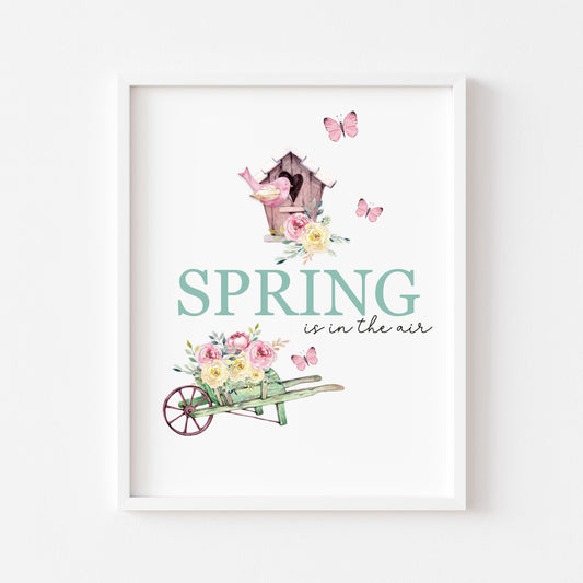 Hello Spring, spring time floral wheelbarow green & pink birds illustration seasonal unframed wall art poster print