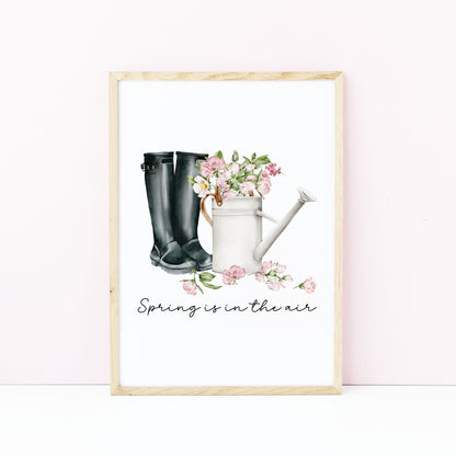 Spring print, black wellies pink blossom flowers Watercolour seasonal Art (unframed)