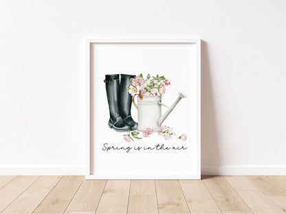 Spring print, black wellies pink blossom flowers Watercolour seasonal Art (unframed)