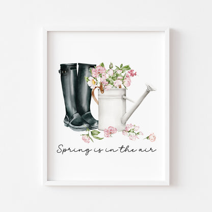 Spring print, black wellies pink blossom flowers Watercolour seasonal Art (unframed)