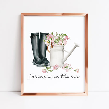 Spring print, black wellies pink blossom flowers Watercolour seasonal Art (unframed)