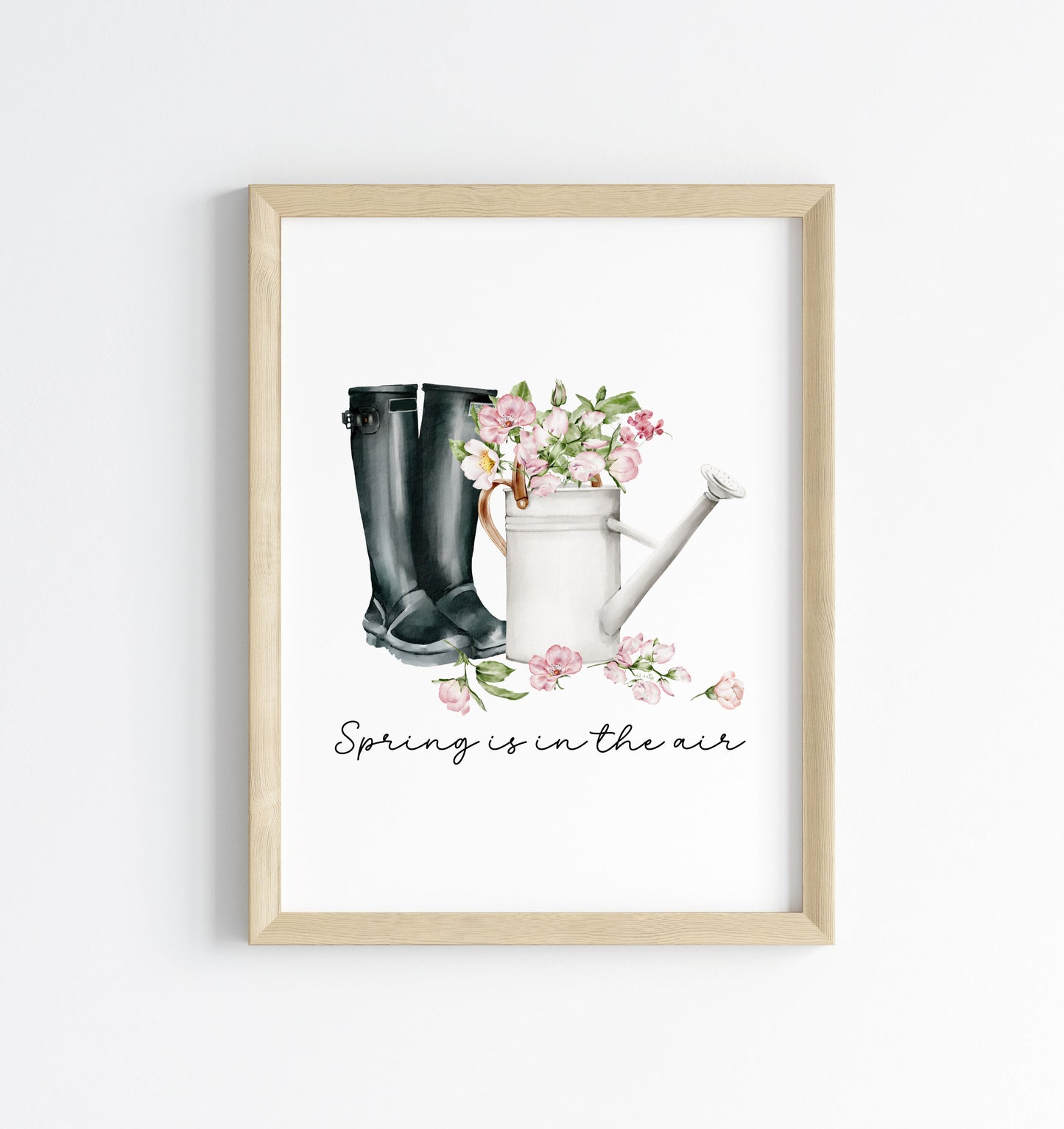 Spring print, black wellies pink blossom flowers Watercolour seasonal Art (unframed)