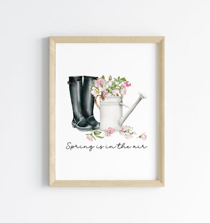 Spring print, black wellies pink blossom flowers Watercolour seasonal Art (unframed)