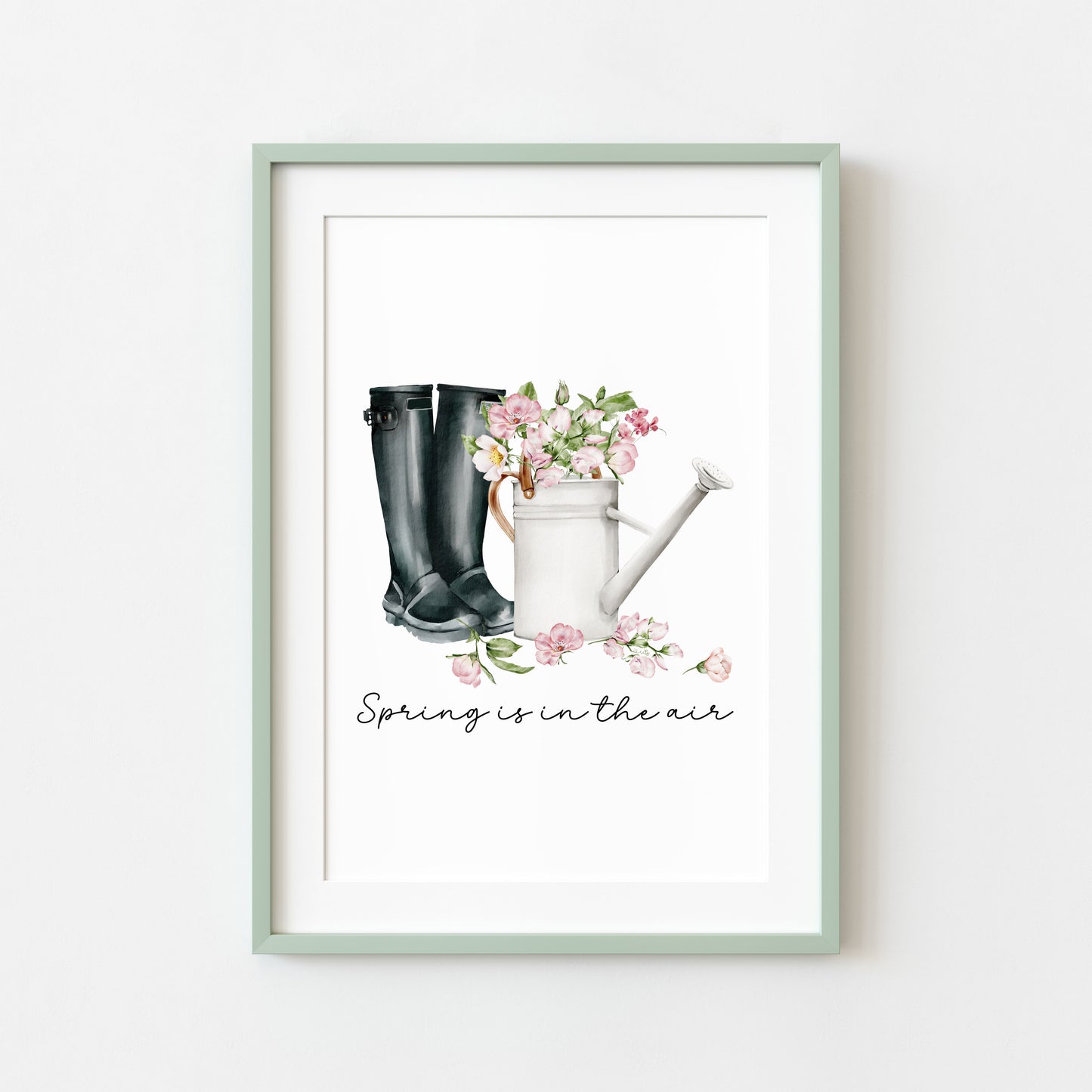Spring print, black wellies pink blossom flowers Watercolour seasonal Art (unframed)
