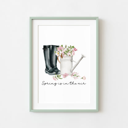 Spring print, black wellies pink blossom flowers Watercolour seasonal Art (unframed)