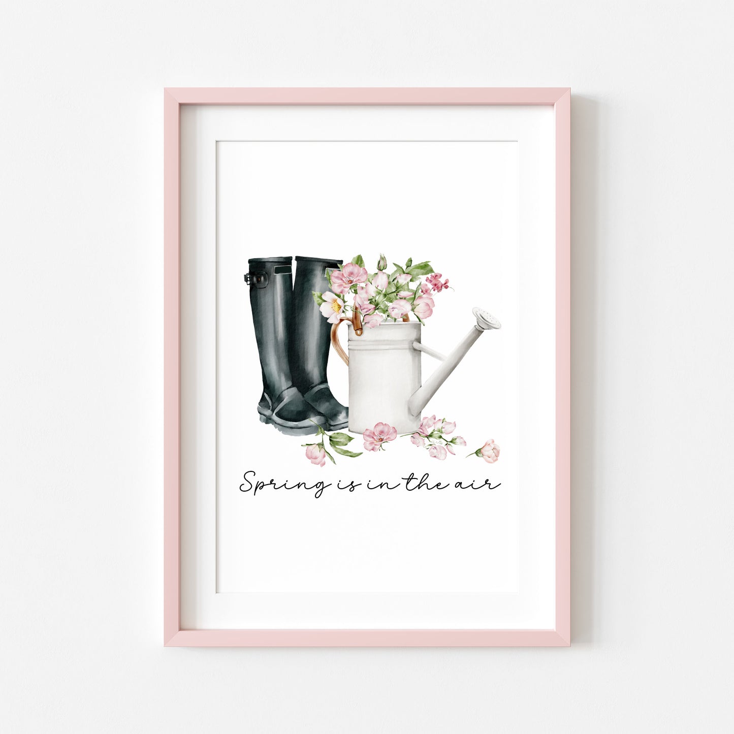 Spring print, black wellies pink blossom flowers Watercolour seasonal Art (unframed)