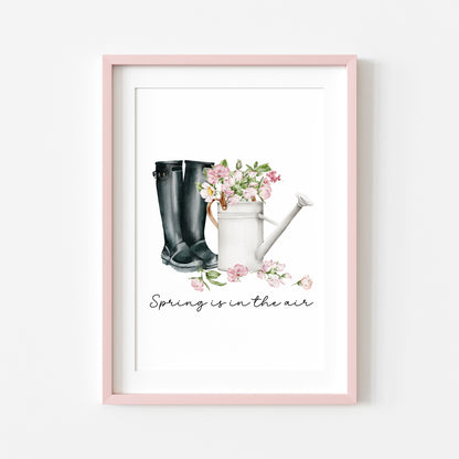 Spring print, black wellies pink blossom flowers Watercolour seasonal Art (unframed)