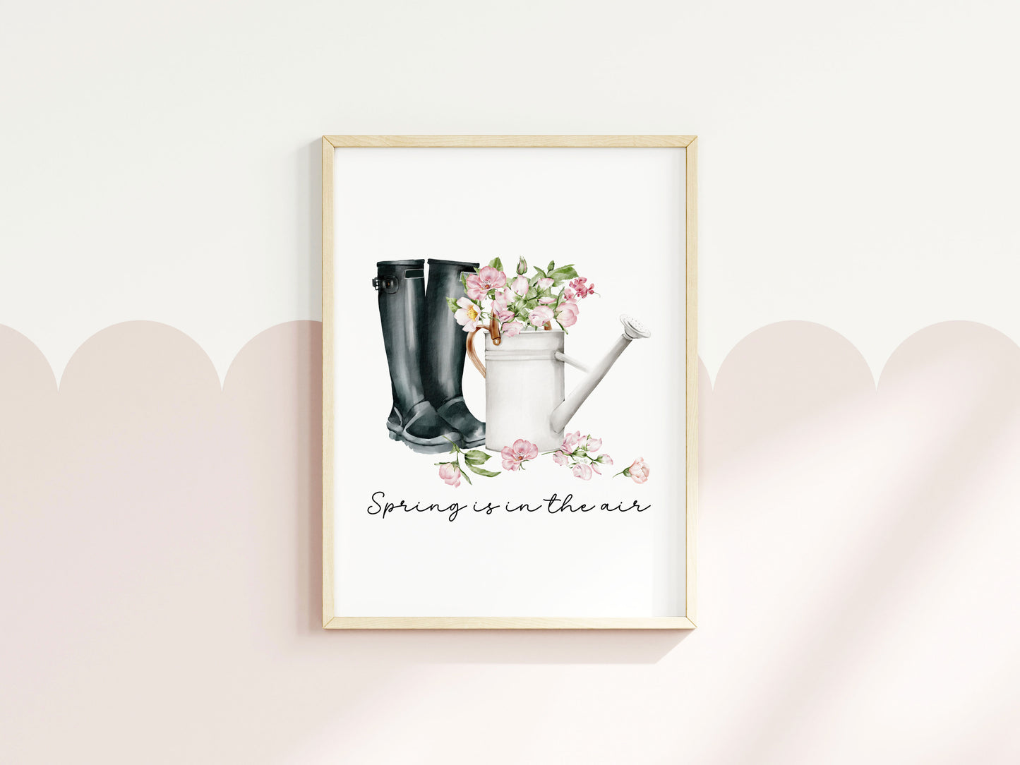 Spring print, black wellies pink blossom flowers Watercolour seasonal Art (unframed)